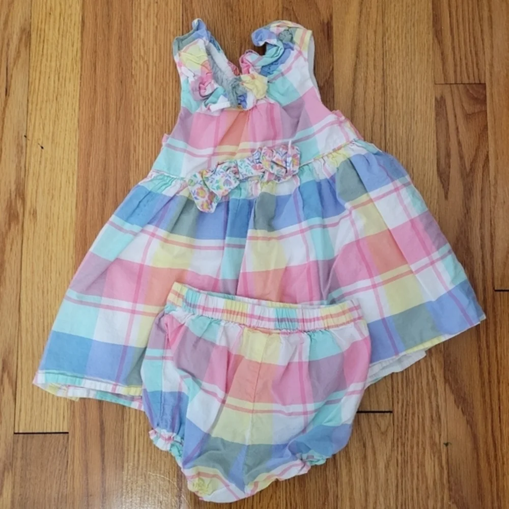 Tommy Bahama Toddler Girl Pastel‎ Plaid Summer Outfit Dress & Bloomers 18 months